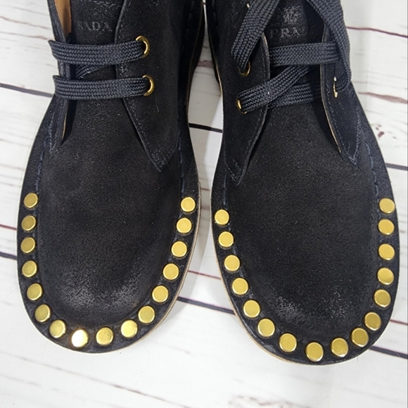 Prada Studded Lace-Up Desert Chukka Boots in Black Nubuck 35 5 - Picture 2 of 9